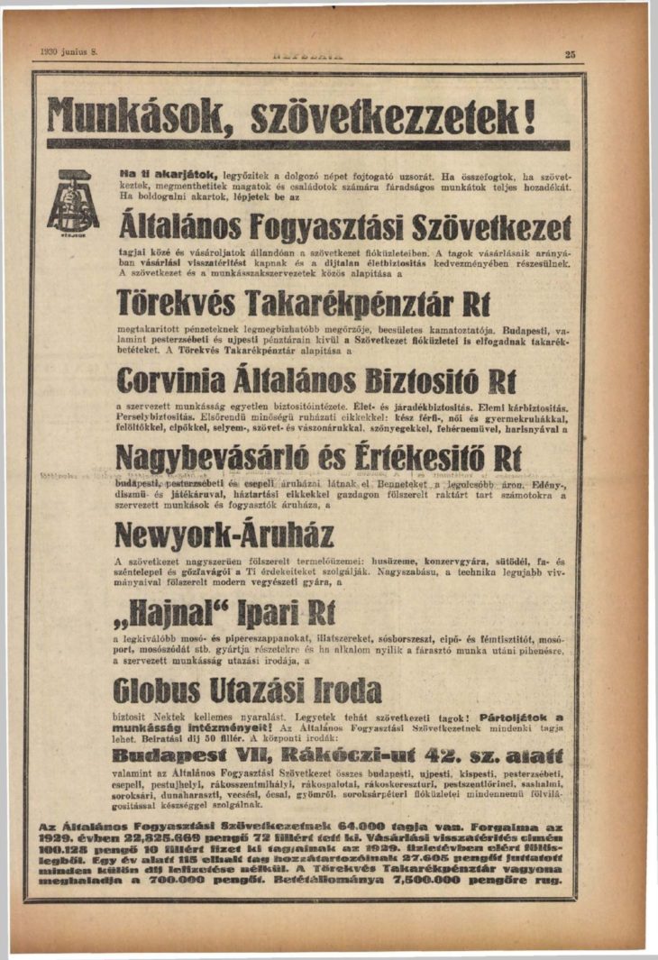 A Népszava egyik reklámoldala 1930-ból.